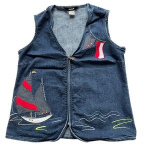 Alia Petites Nautical VEST Size 6P Cotton Spandex Sailboat Red White Blue Denim